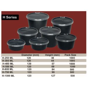 H Series- Round Takeaway Containers- 250ml, 300ml, 400ml, 500ml, 600ml, 750ml, 1000ml