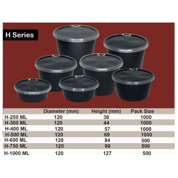 H Series- Round Takeaway Containers- 250ml, 300ml, 400ml, 500ml, 600ml, 750ml, 1000ml